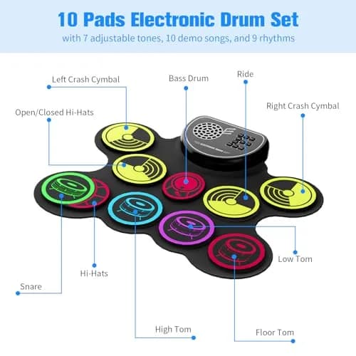 Miortior Electronic Drum Set, 10 Pads Roll-up Drum Practice Pad with Drums & Sticks, Built-in Speakers, Headphone Jack, Great Gift for Kids thumbnail 2
