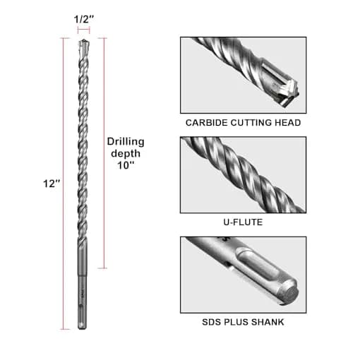 SALI 5 Pcs 1/2"*12" SDS Plus Rotary Hammer Drill Bit Kit | Carbide Tipped for Concrete, Brick, Stone thumbnail 2