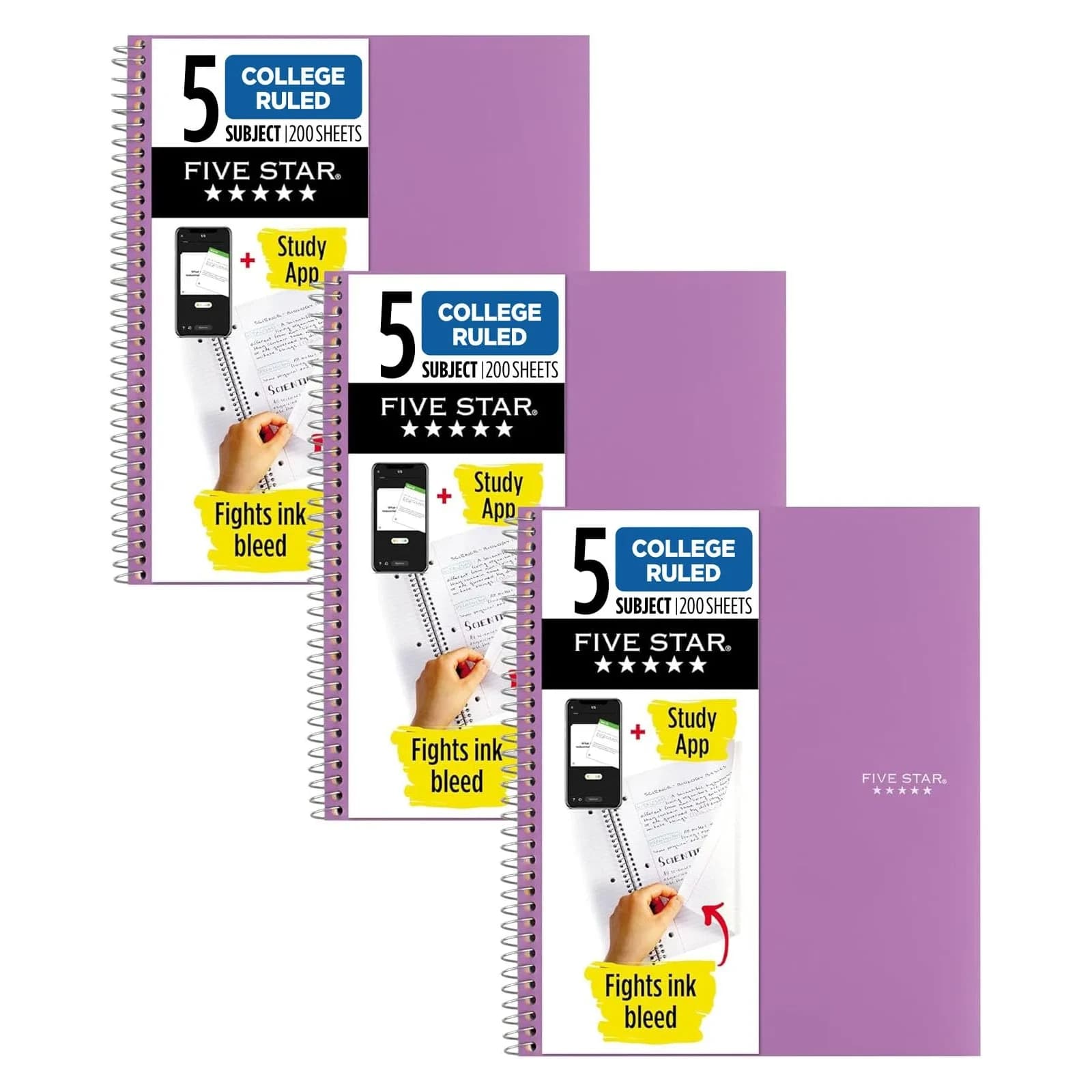 Five Star Spiral Notebook 5 Subject 200 Sheets (8.5" x 11") | Water-Resistant Cover — Purple