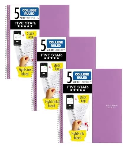 Five Star Spiral Notebook + Study App, 5 Subject, College Ruled Paper, 8-1/2" x 11", 200 Sheets, Amethyst Purple (Pack of 3) | Water-Resistant Cover & Ink Bleed Resistance thumbnail 1