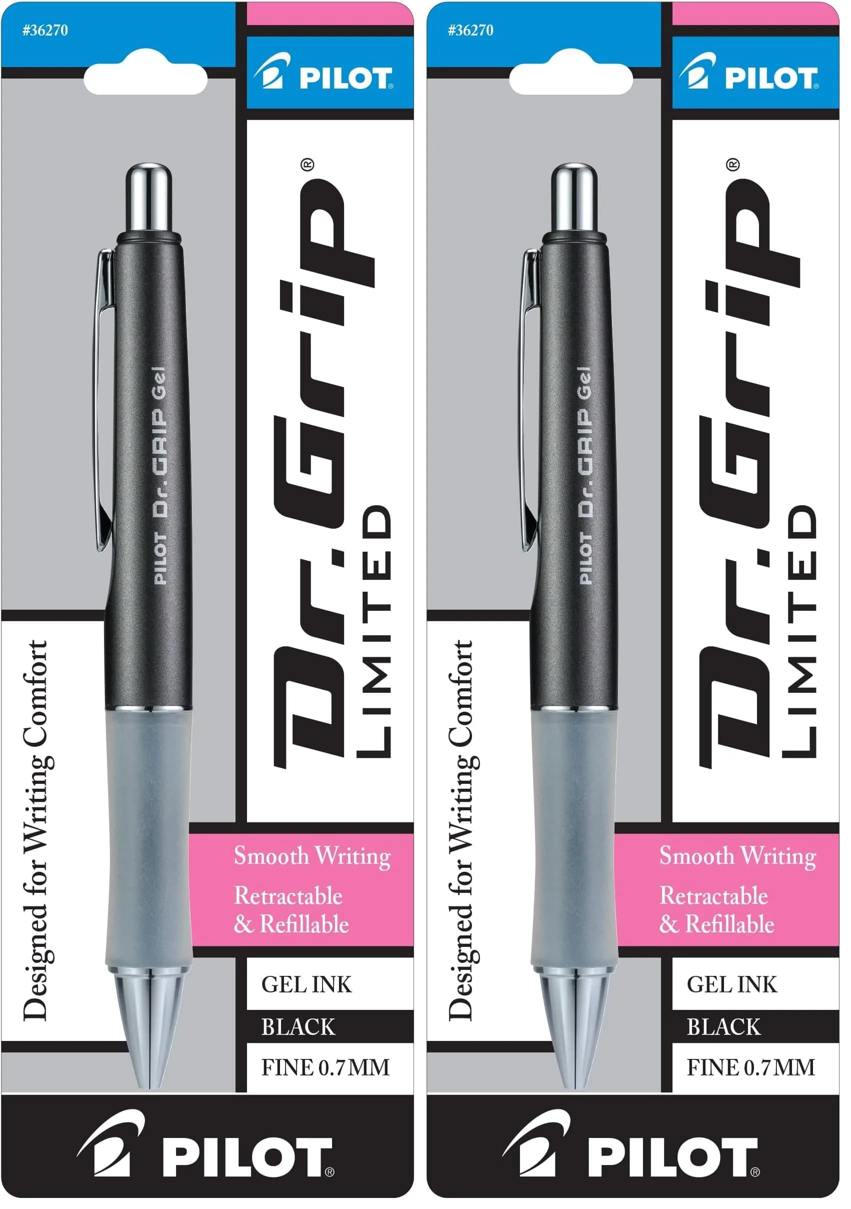 PILOT Dr. Grip Limited Gel Pen, Charcoal Gray Barrel, Fine Point 0.7mm, Black Ink, Pack of 2 - main product image