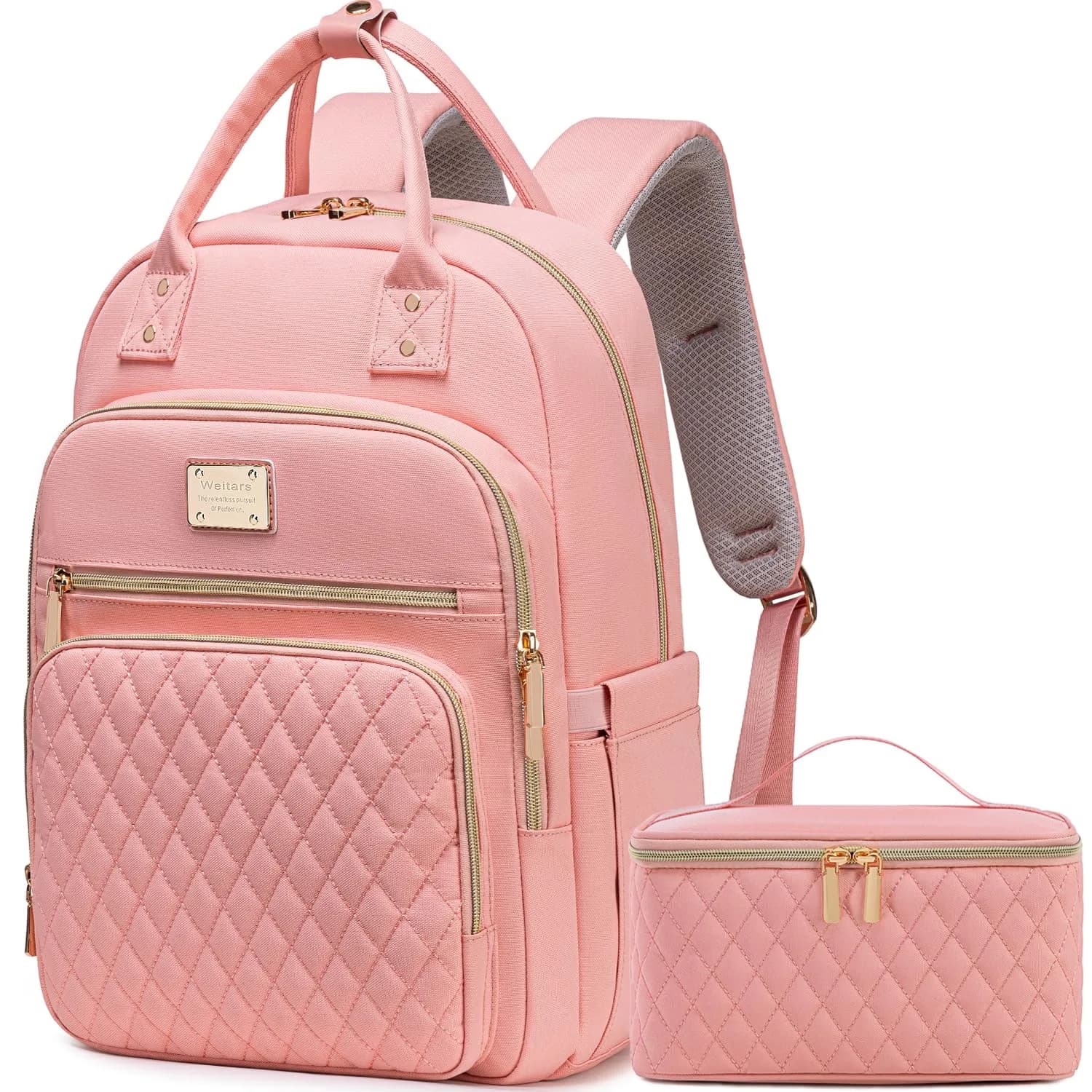 Weitars Laptop Backpack Cooler with Insulated Lunch Bag, 15.6 Inch Laptop Compartment, Wine Red | Water-Resistant Polyester Travel Backpack — Pink