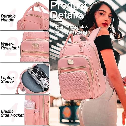 Weitars Insulated Lunch Backpack for Women with 15.6 Inch Laptop Compartment | Pink Carry-On Travel Bag thumbnail 6