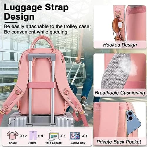 Weitars Insulated Lunch Backpack for Women with 15.6 Inch Laptop Compartment | Pink Carry-On Travel Bag thumbnail 8