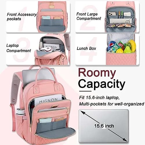 Weitars Insulated Lunch Backpack for Women with 15.6 Inch Laptop Compartment | Pink Carry-On Travel Bag thumbnail 2
