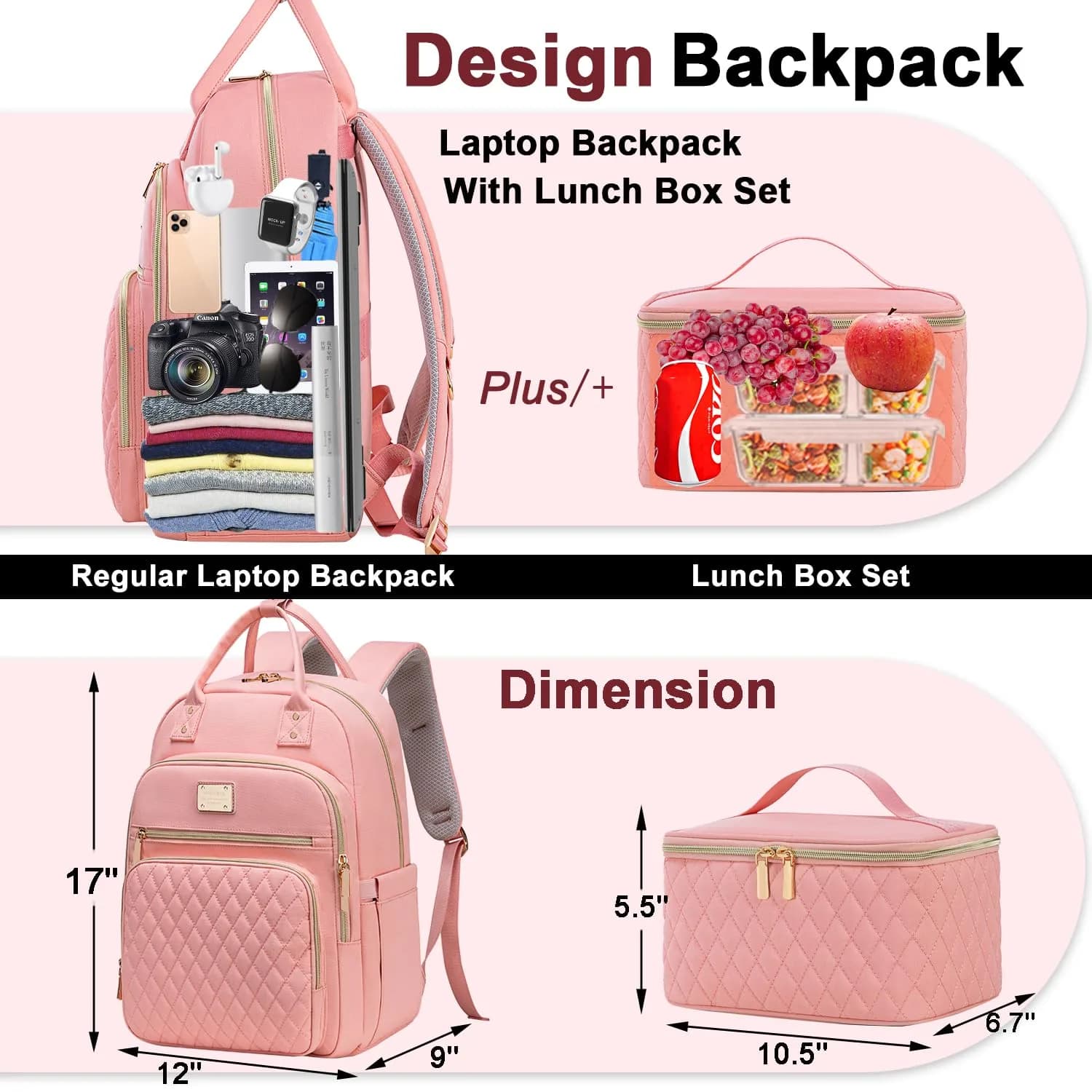 Weitars Insulated Lunch Backpack for Women with 15.6 Inch Laptop Compartment | Pink Carry-On Travel Bag - view 4