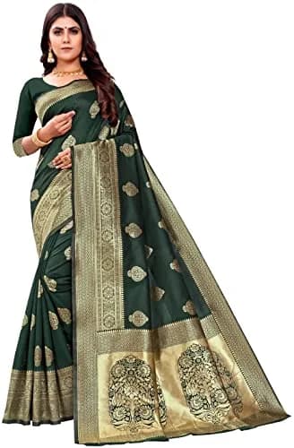 Avantika Fashion Kanjivaram Soft Pure Silk Banarasi Saree With Blouse Piece, Moti Green | Jacquard Woven Zari Work thumbnail 1