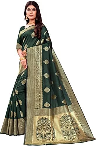 Avantika Fashion Kanjivaram Soft Pure Silk Banarasi Saree With Blouse Piece, Moti Green | Jacquard Woven Zari Work thumbnail 3