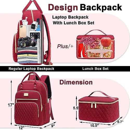 Weitars Laptop Backpack Cooler with Insulated Lunch Bag, 15.6 Inch Laptop Compartment, Wine Red | Water-Resistant Polyester Travel Backpack thumbnail 4