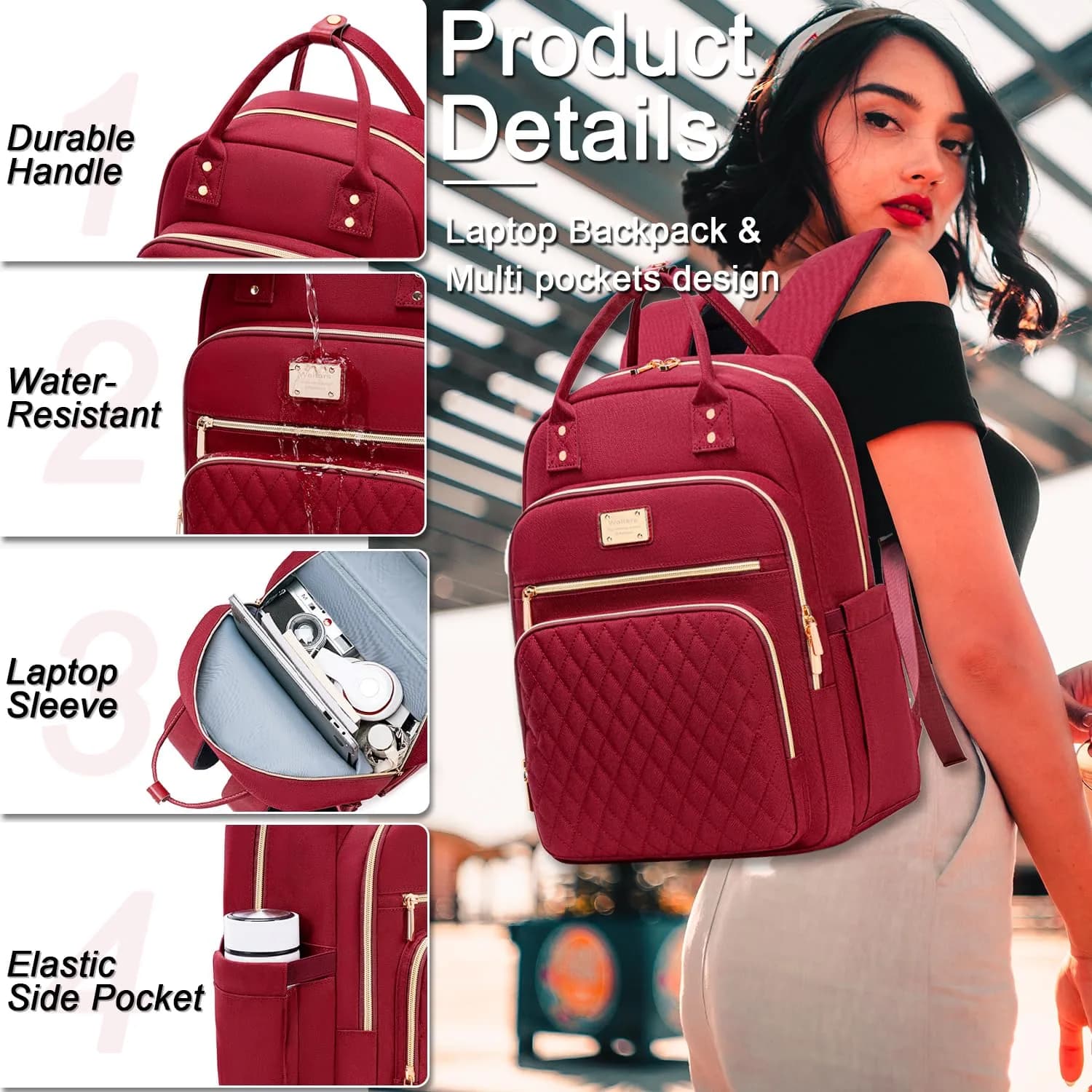 Weitars Laptop Backpack Cooler with Insulated Lunch Bag, 15.6 Inch Laptop Compartment, Wine Red | Water-Resistant Polyester Travel Backpack - view 6