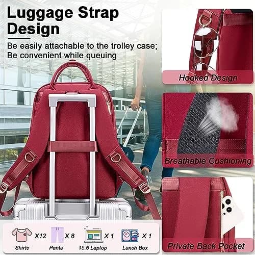 Weitars Laptop Backpack Cooler with Insulated Lunch Bag, 15.6 Inch Laptop Compartment, Wine Red | Water-Resistant Polyester Travel Backpack thumbnail 8