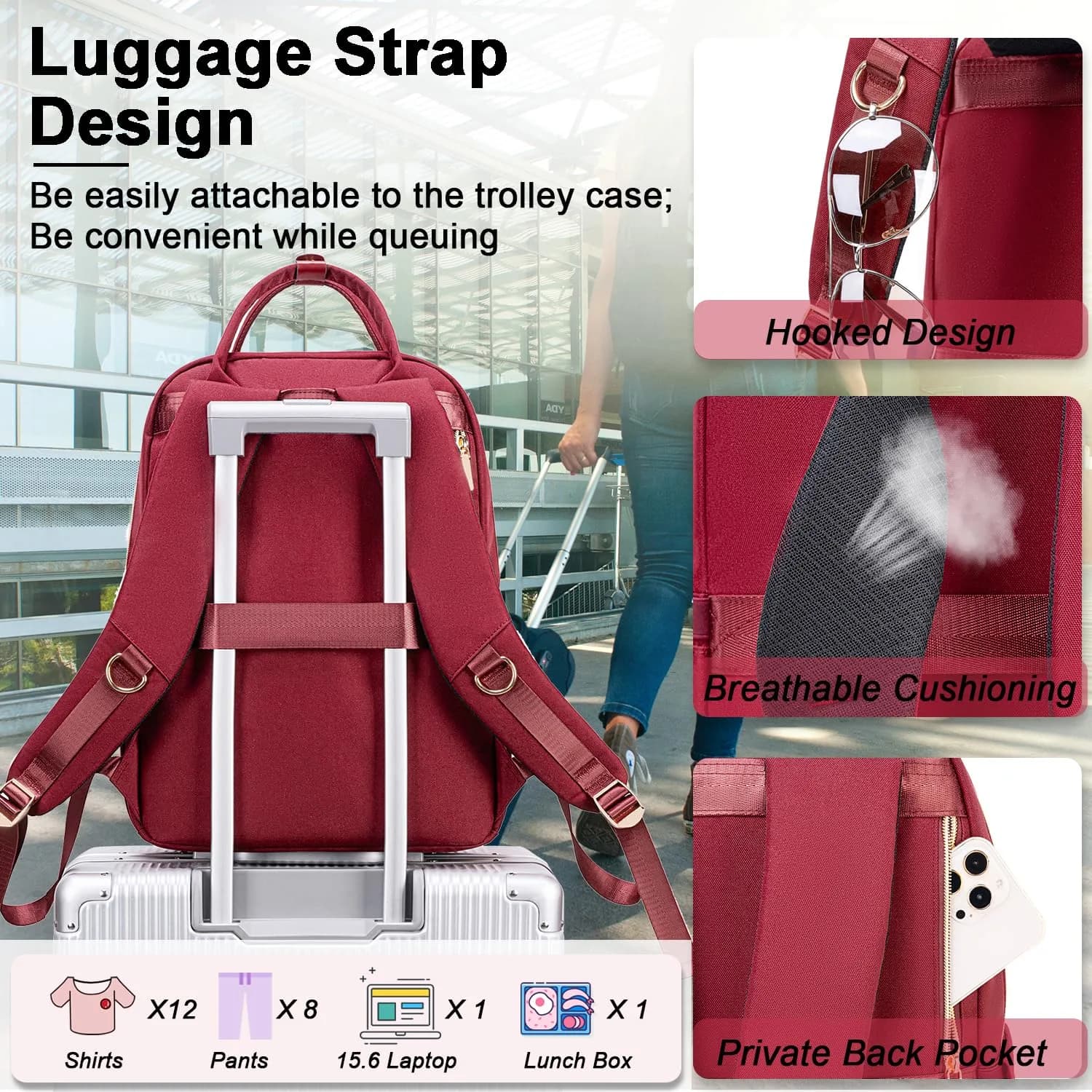 Weitars Laptop Backpack Cooler with Insulated Lunch Bag, 15.6 Inch Laptop Compartment, Wine Red | Water-Resistant Polyester Travel Backpack - view 8