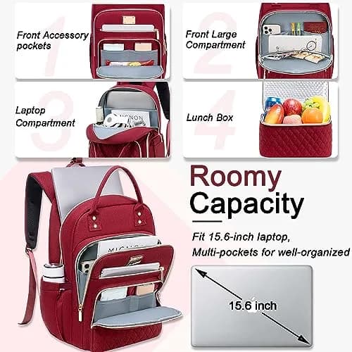 Weitars Laptop Backpack Cooler with Insulated Lunch Bag, 15.6 Inch Laptop Compartment, Wine Red | Water-Resistant Polyester Travel Backpack thumbnail 2