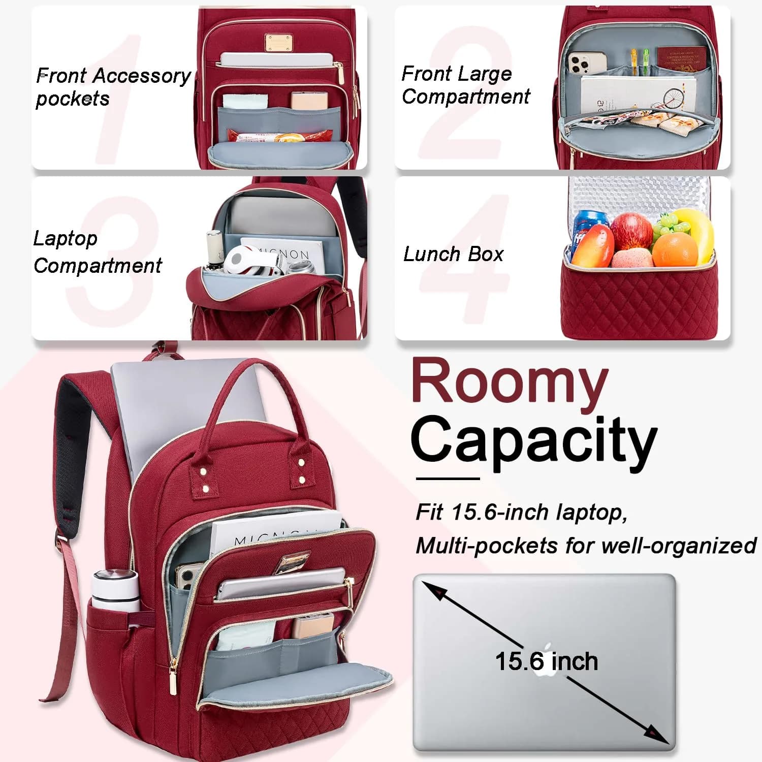 Weitars Laptop Backpack Cooler with Insulated Lunch Bag, 15.6 Inch Laptop Compartment, Wine Red | Water-Resistant Polyester Travel Backpack - view 2