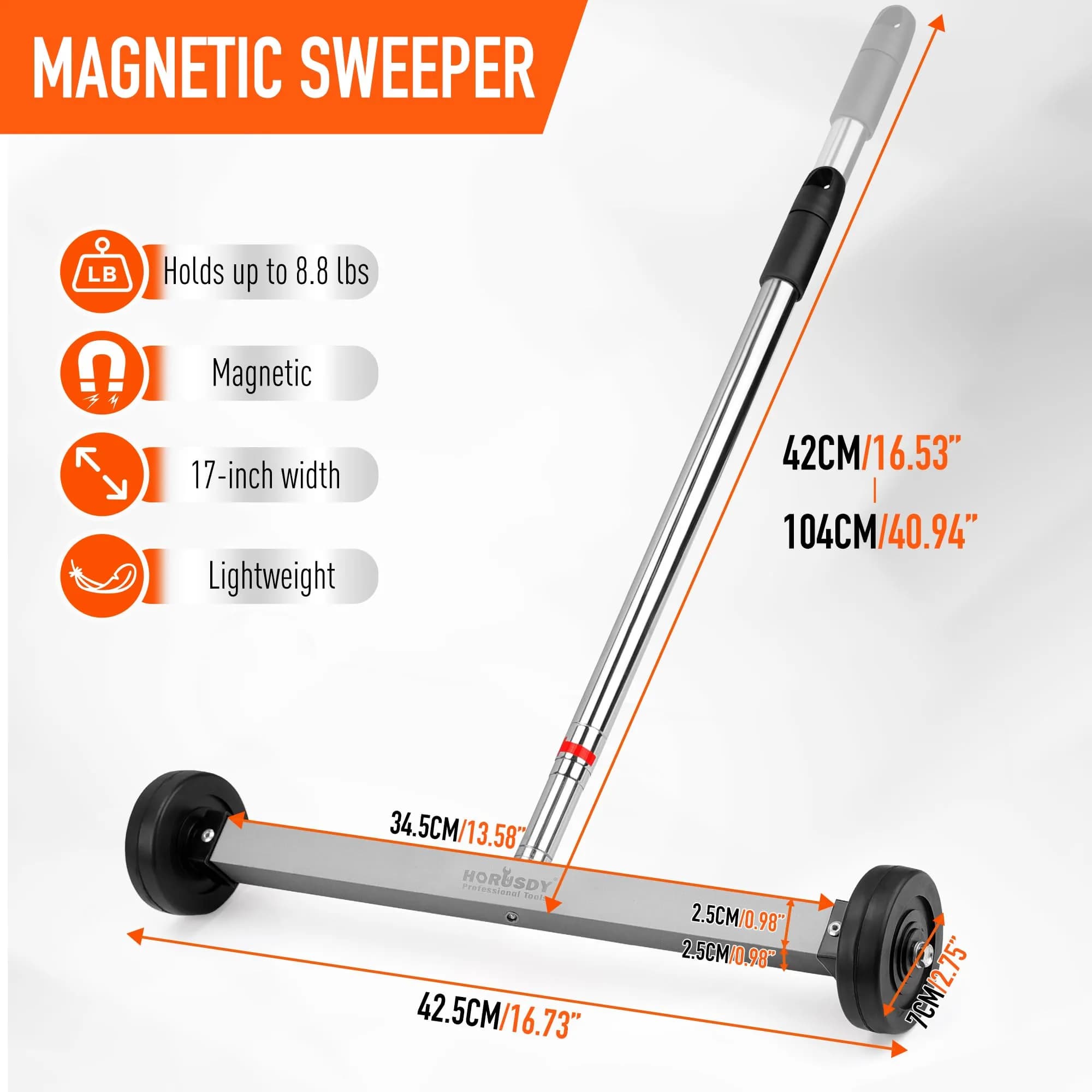 HORUSDY 17-Inch Rolling Magnetic Sweeper with Wheels, 4 kg (8.8 lb) Capacity | Adjustable Handle - view 3