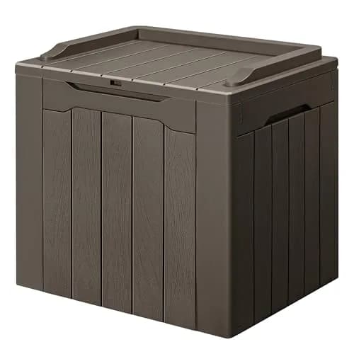 GUNJI 30 Gallon Small Deck Box Waterproof Resin Storage Box Lockable Brown | Outdoor Patio Furniture thumbnail 1