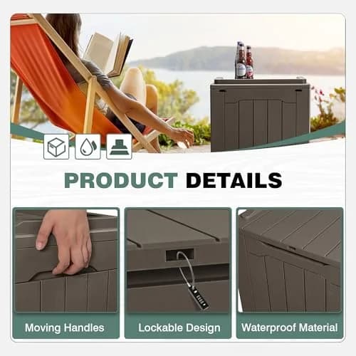 GUNJI 30 Gallon Small Deck Box Waterproof Resin Storage Box Lockable Brown | Outdoor Patio Furniture thumbnail 6