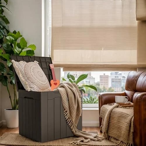 GUNJI 30 Gallon Small Deck Box Waterproof Resin Storage Box Lockable Brown | Outdoor Patio Furniture thumbnail 3