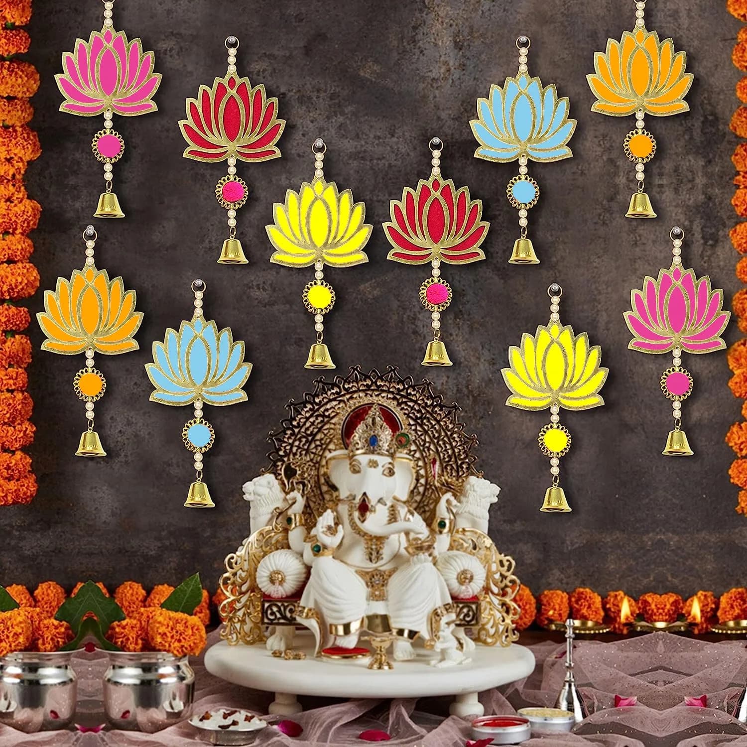 Divyakosh Wood Lotus Wall Hangings 12 Pcs | Religious Temple & Festive Decor, Multicolor, 8.5 Inch — Lotus Wall Hanging - Multicolor - 12 Pcs