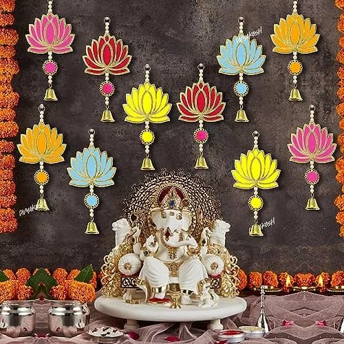 Divyakosh Wood Lotus Wall Hangings 12 Pcs | Religious Temple & Festive Decor, Multicolor, 8.5 Inch thumbnail 3