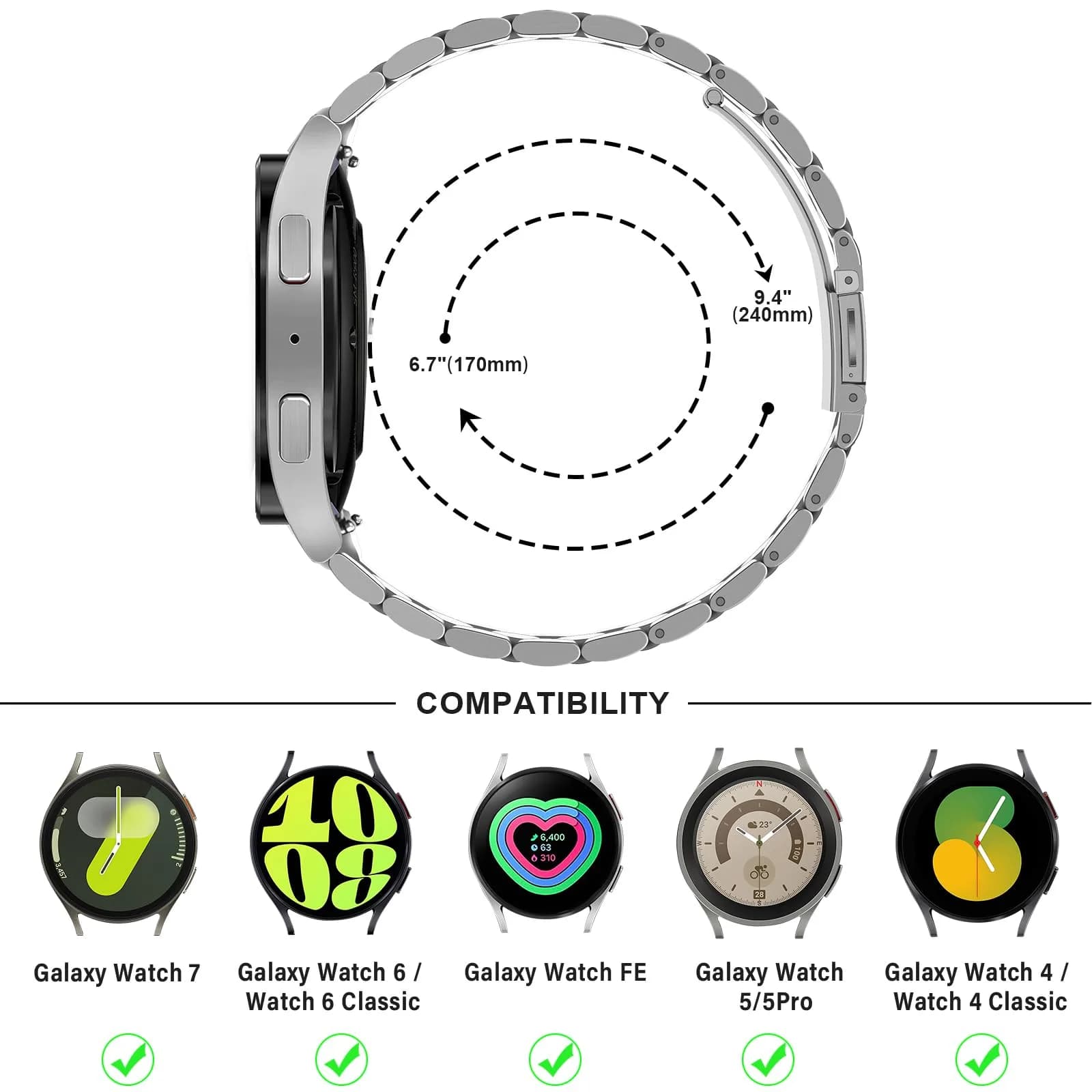 Anlinser No Gap Bands Compatible with Samsung Galaxy Watch 7/6/5/4/FE Band 20mm Silver | Seamless Metal Strap for All Case Sizes - view 5