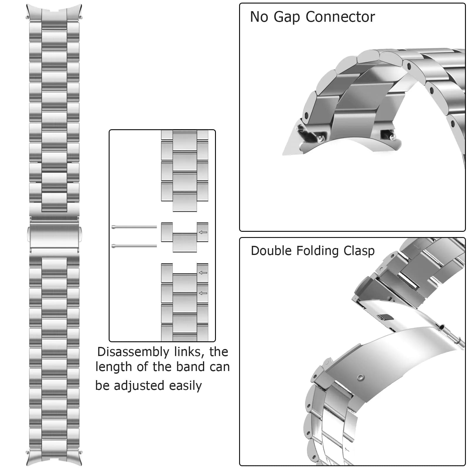 Anlinser No Gap Bands Compatible with Samsung Galaxy Watch 7/6/5/4/FE Band 20mm Silver | Seamless Metal Strap for All Case Sizes - view 3