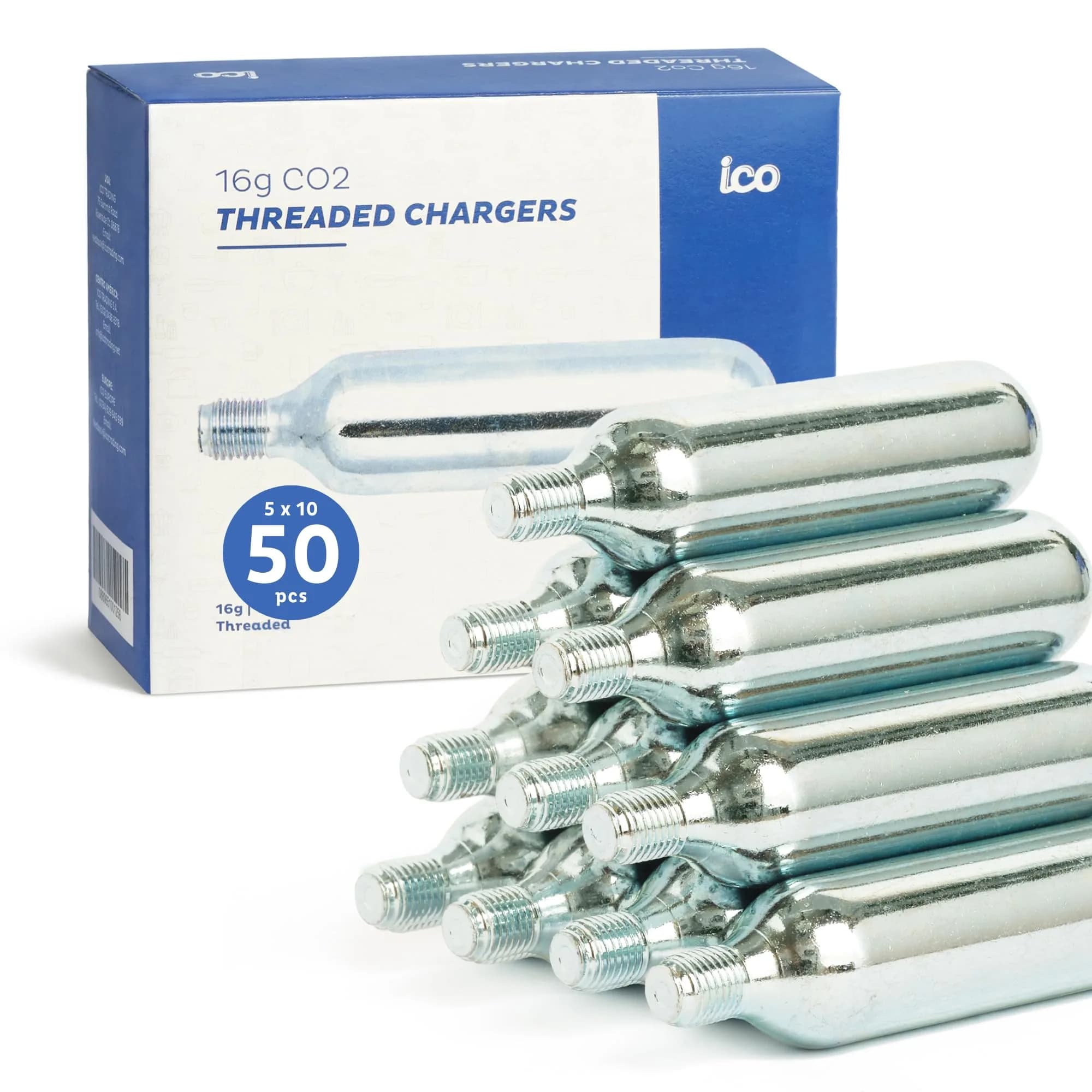ICO Threaded CO2 Cartridges 16g | High-Pressure, Food Grade, 50 Pack for Cyclists & Brewers
