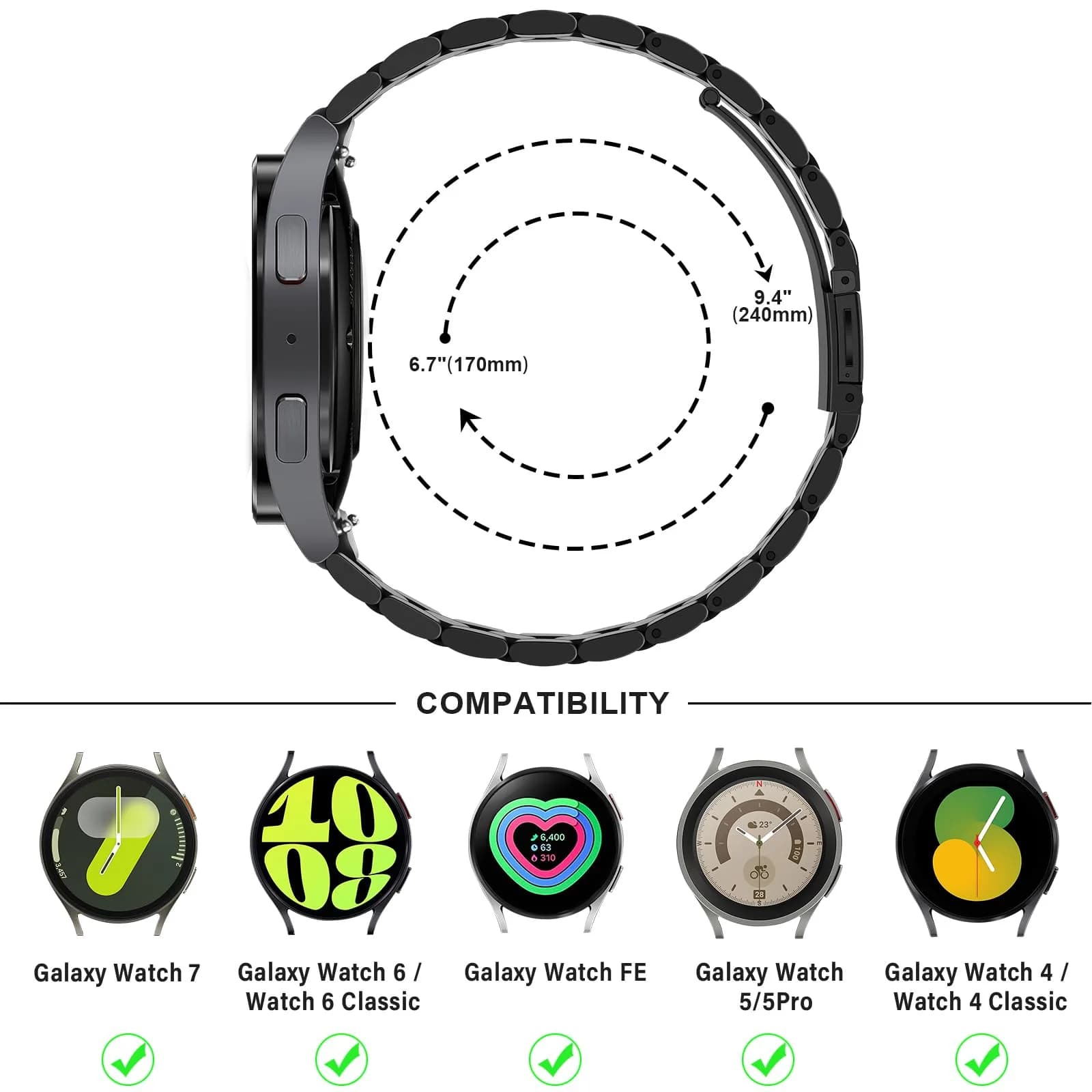 Anlinser No Gap Metal Watch Band for Samsung Galaxy Watch 7/6/5/4/FE 20mm Black | Adjustable Stainless Steel Strap - view 5