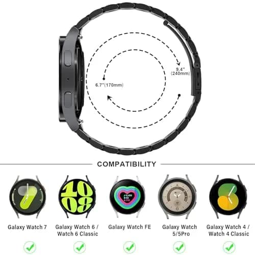 Anlinser No Gap Metal Watch Band for Samsung Galaxy Watch 7/6/5/4/FE 20mm Black | Adjustable Stainless Steel Strap thumbnail 5