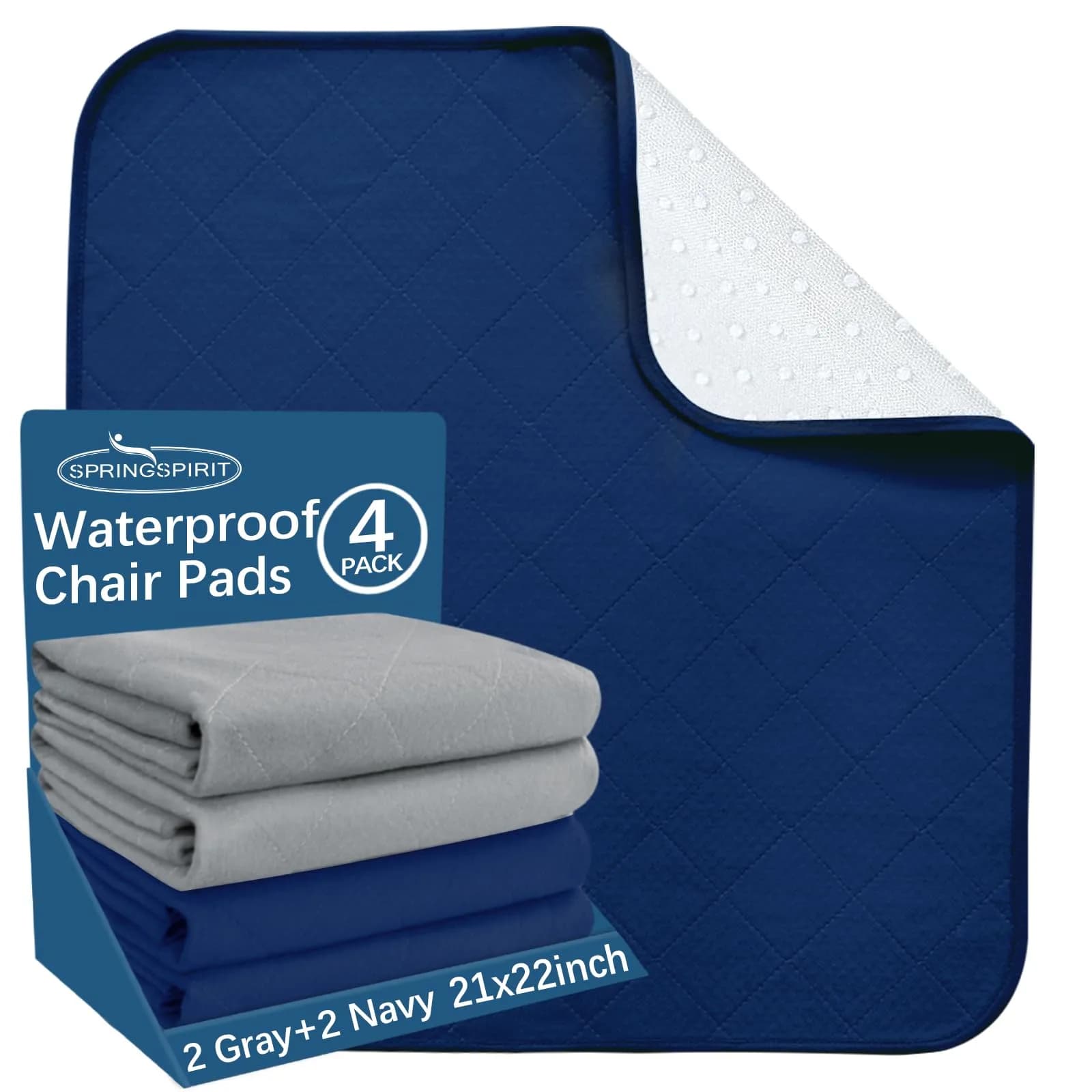 SPRINGSPIRIT Waterproof Chair Pads for Incontinence 22'' x 21'' (4 Pack) | Absorbent Seat Protector for Adults, Elderly, Kids, Pets — Gray&navy