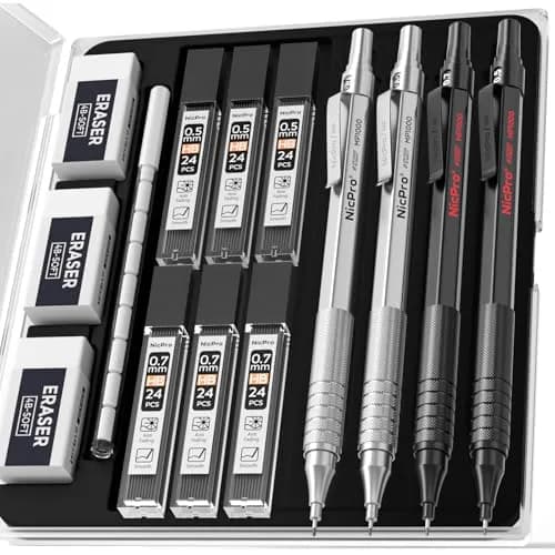 Nicpro Metal Mechanical Pencil Set 0.5 mm & 0.7 mm | Durable, Refillable, Stylish for Artists & Students thumbnail 1