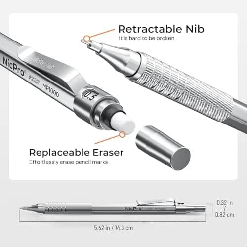Nicpro Metal Mechanical Pencil Set 0.5 mm & 0.7 mm | Durable, Refillable, Stylish for Artists & Students thumbnail 3