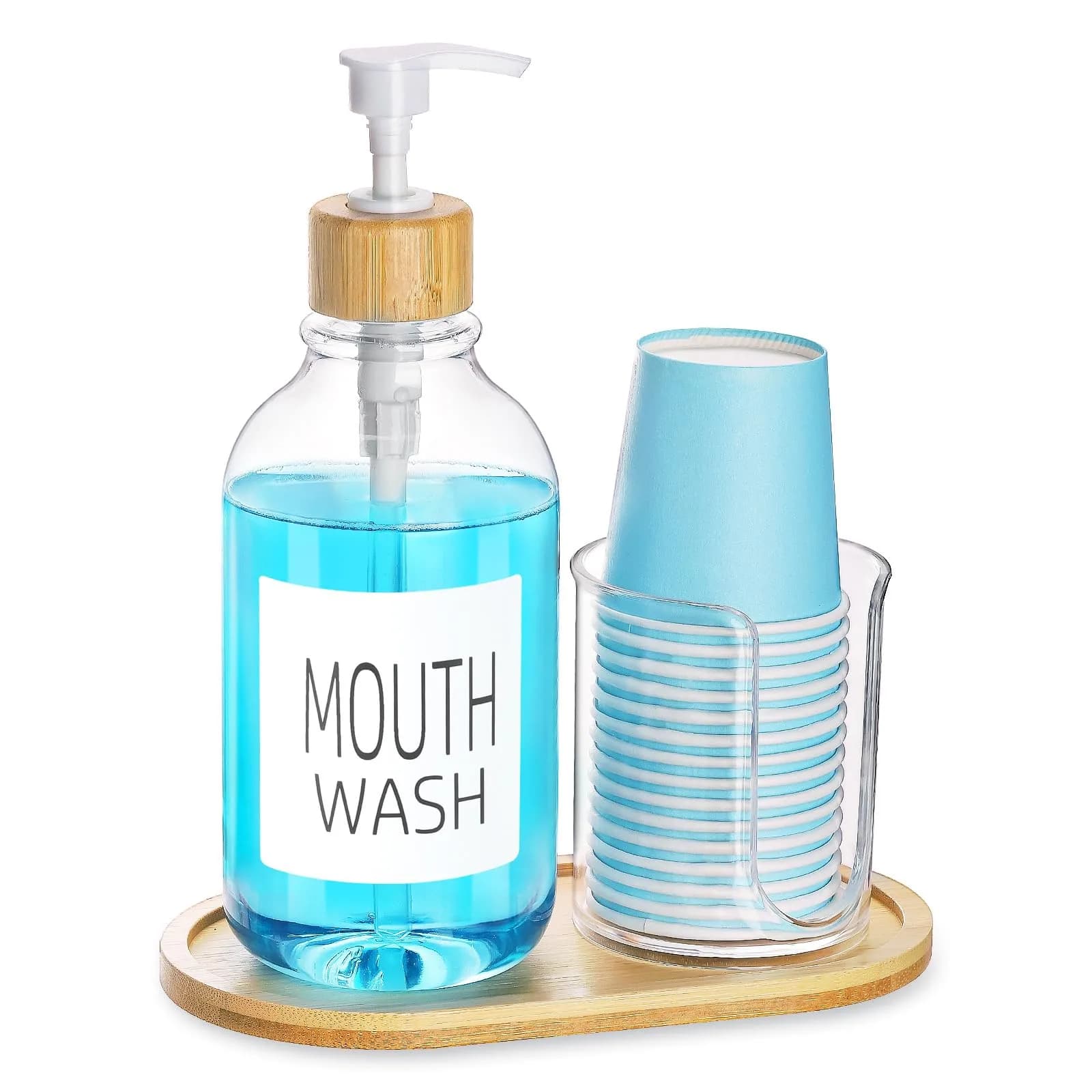 Tbestmax Clear 17oz Refillable Mouthwash Dispenser with Cup Holder & Tray | Bathroom Organizer - main product image