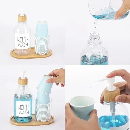 Tbestmax Clear 17oz Refillable Mouthwash Dispenser with Cup Holder & Tray | Bathroom Organizer thumbnail 4