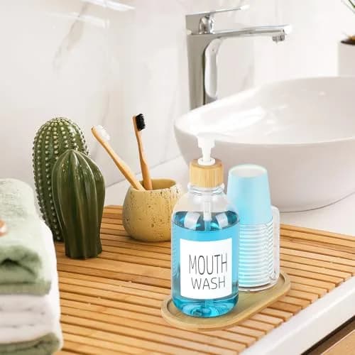 Tbestmax Clear 17oz Refillable Mouthwash Dispenser with Cup Holder & Tray | Bathroom Organizer thumbnail 6