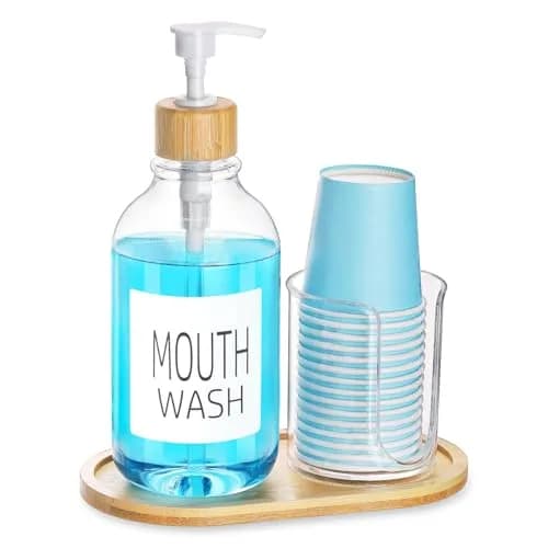 Tbestmax Clear 17oz Refillable Mouthwash Dispenser with Cup Holder & Tray | Bathroom Organizer thumbnail 1