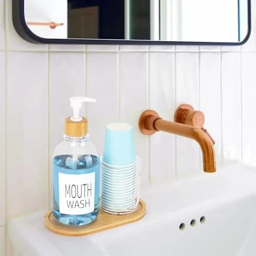 Tbestmax Clear 17oz Refillable Mouthwash Dispenser with Cup Holder & Tray | Bathroom Organizer thumbnail 7