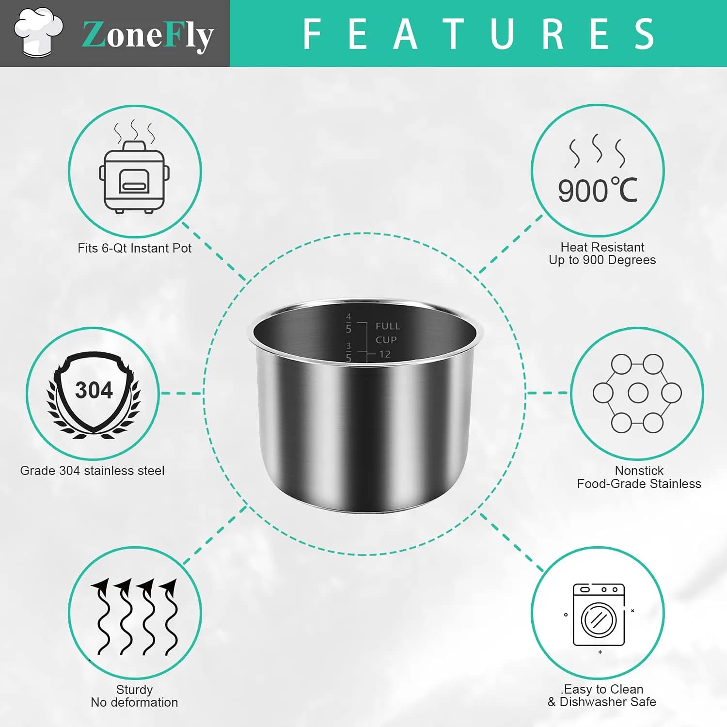 ZoneFly 6 Qt Stainless Steel Inner Pot with 2 Sealing Rings for Instant Pot - view 2