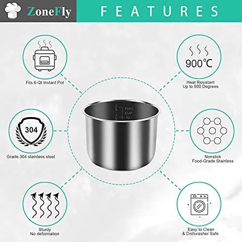 ZoneFly Stainless Steel Inner Pot & Silicone Sealing Rings for Instant Pot 6 Qt | 2.75 L (6 Qt) Pot, 2 Sealing Rings thumbnail 2