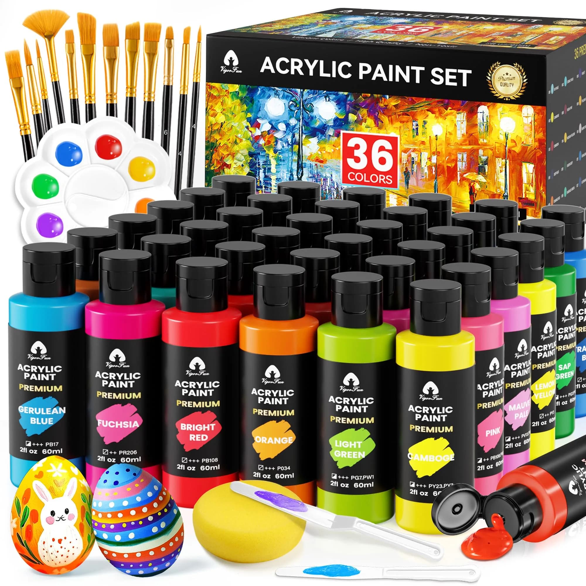 VigorFun 52 Pcs Acrylic Paint Set 36 Colors 2oz/60ml with Brushes & Palette | Versatile, Non-Toxic, for Artists & DIY Enthusiasts