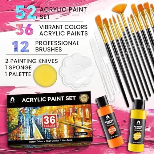 VigorFun 52 Pcs Acrylic Paint Set 36 Colors 2oz/60ml with Brushes & Palette | Versatile, Non-Toxic, for Artists & DIY Enthusiasts thumbnail 2