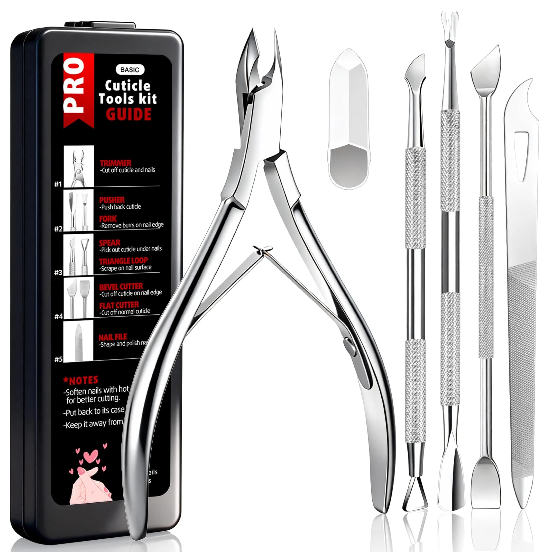 Cbiumpro 5 Pack Cuticle Nippers Set with Pusher & Cutter | Stainless Steel Nail Care Tool — Stainless Steel