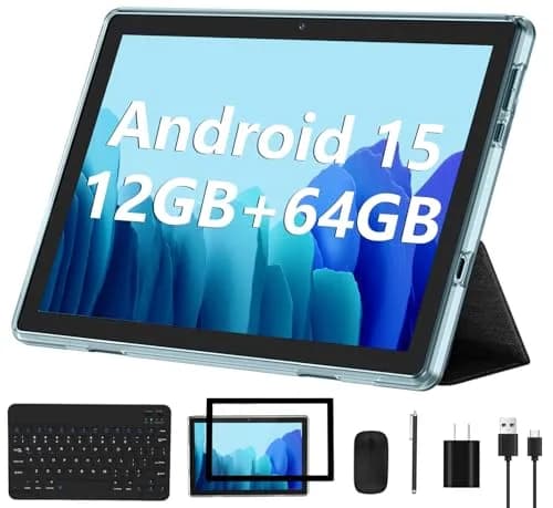 ECOPAD Android 15 Tablet, 10.1 Inch 2-in-1 Tablet with Keyboard & Mouse, 12GB RAM + 64GB ROM + 1TB Expandable Storage, WiFi 6, GMS Certified, IPS Touch Screen, Blue Set — Blue Set