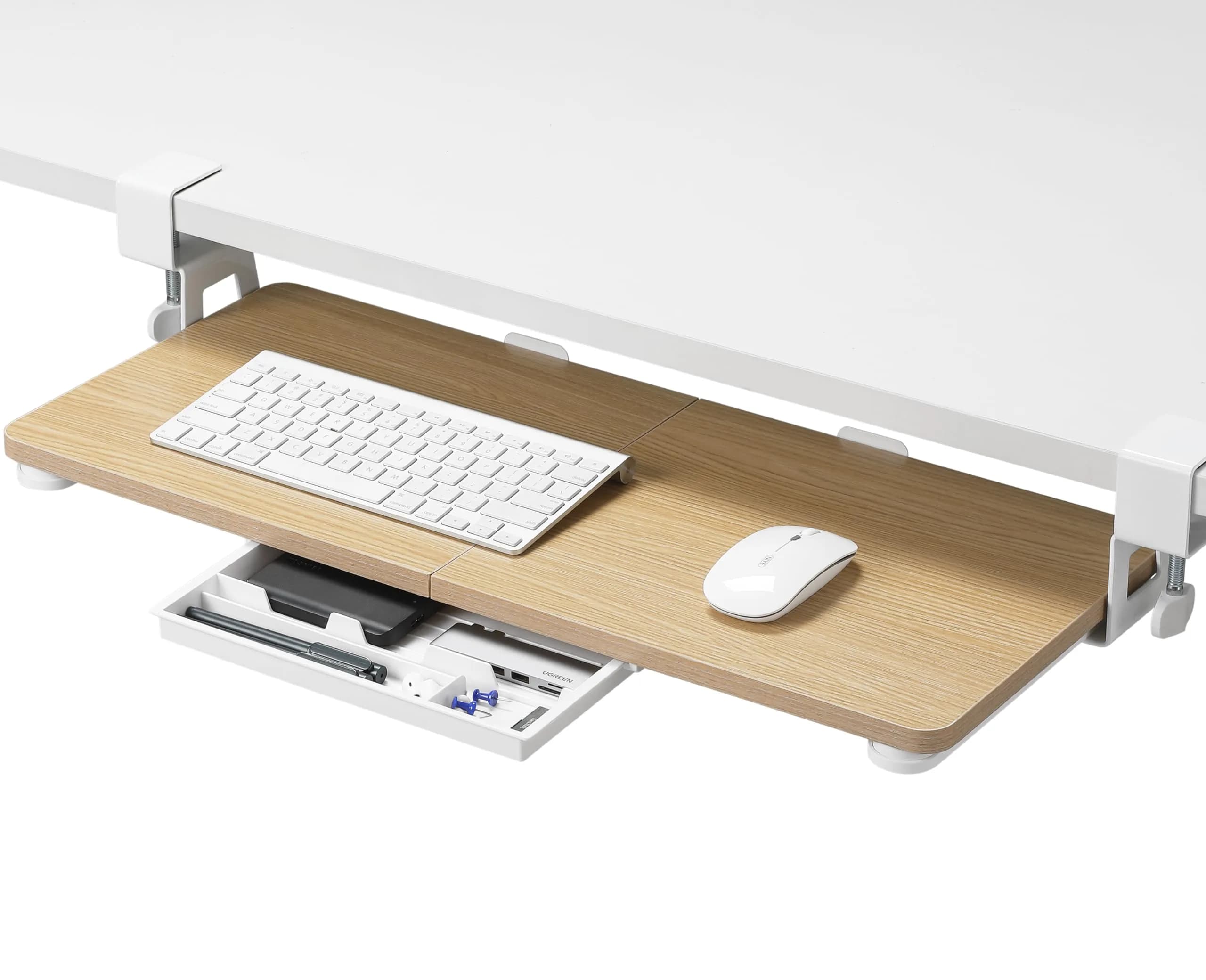 ETHU Under Desk Keyboard Tray with C-Clamp 26.77x11.81 Oak | Large, Ergonomic, Easy Install