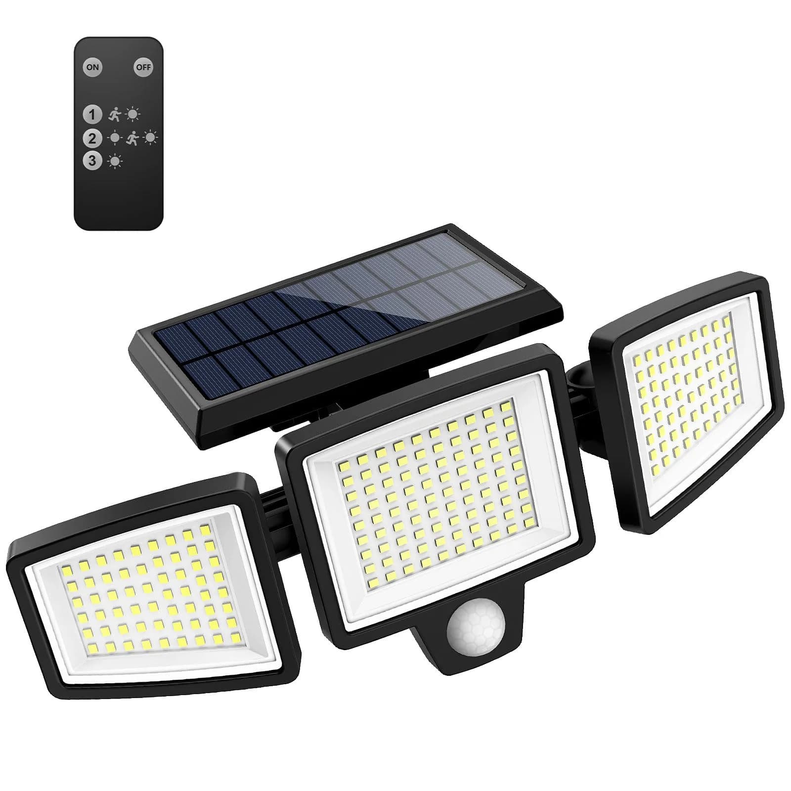 Tuffenough Solar Outdoor Lights 2500LM 210 LED Security Lights with Remote, 3 Heads, IP65 Waterproof, 270° Wide Flood Wall Light