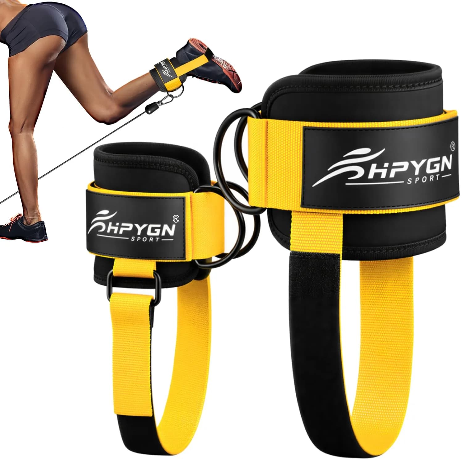 HPYGN Ankle Straps for Cable Machine, Yellow Pair | Secure Kickback & Glute Workout Attachment — yellow