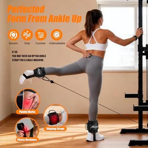 HPYGN Adjustable Ankle Straps for Cable Machine, Glute Kickback Strap for Leg Workouts, 8mm Padded Neoprene Cuffs (Pair, Black) | Secure Fit for All Ankles thumbnail 3
