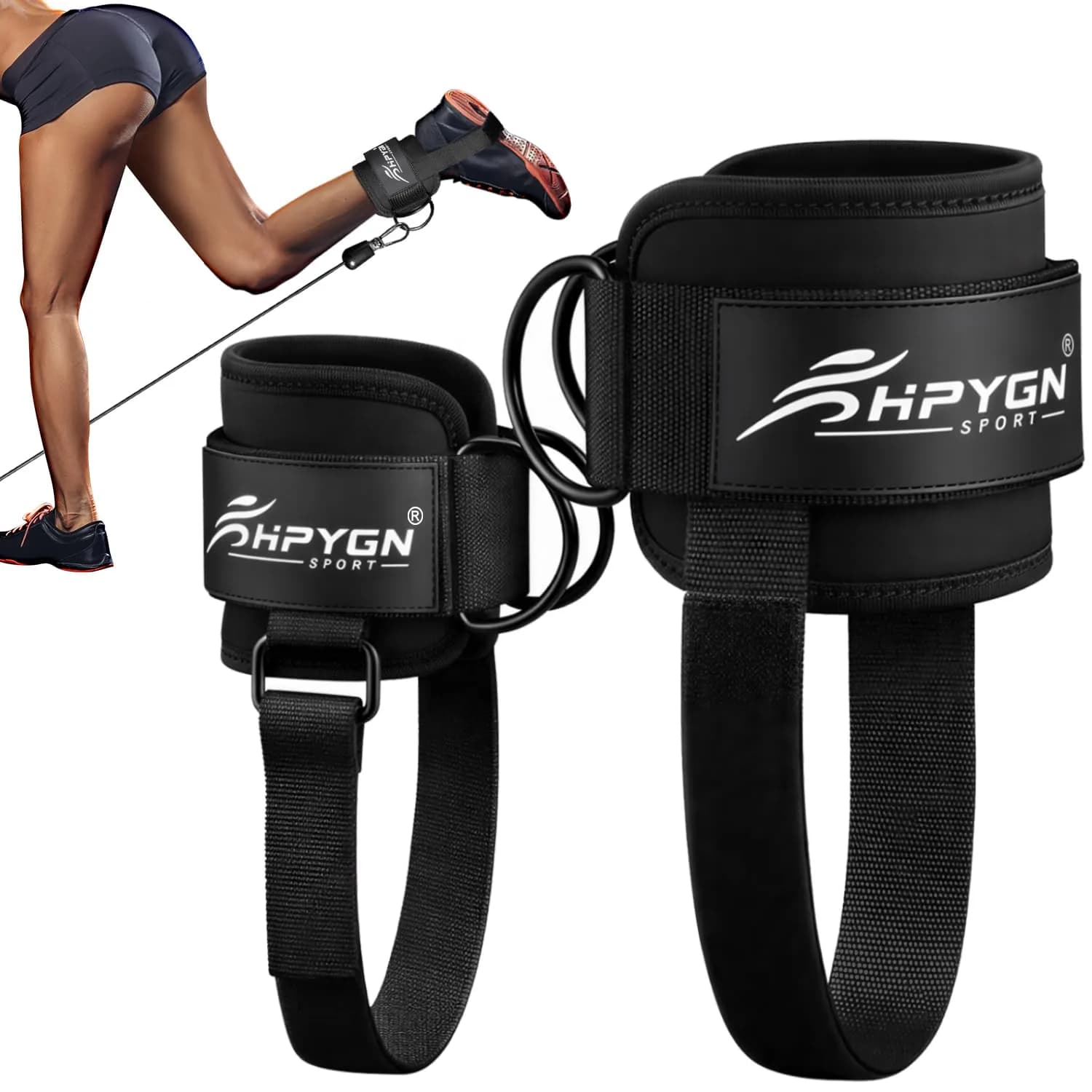 HPYGN Adjustable Ankle Straps for Cable Machine, Glute Kickback Strap for Leg Workouts, 8mm Padded Neoprene Cuffs (Pair, Black) | Secure Fit for All Ankles - main product image