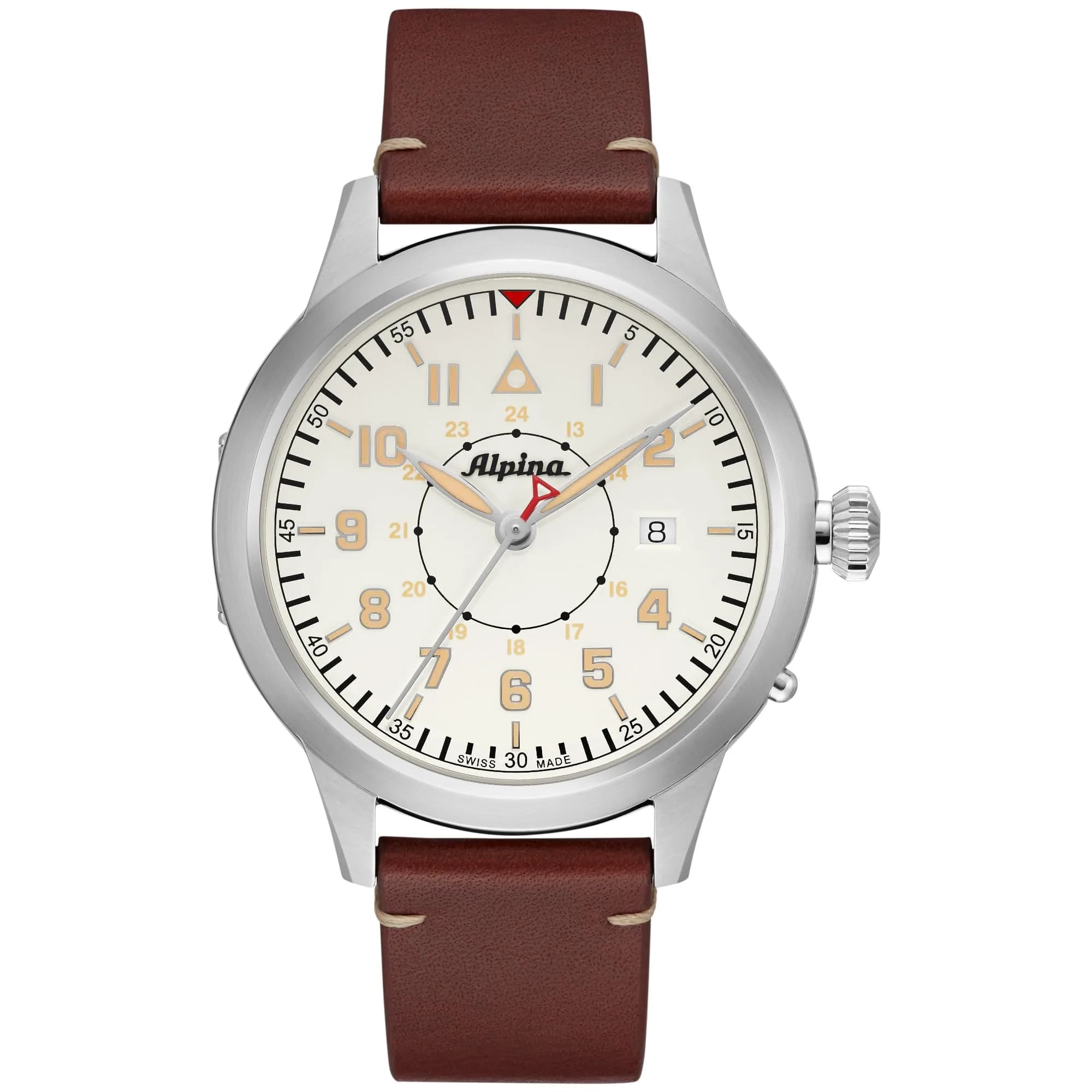 Alpina Startimer Swiss Automatic 44mm Stainless Steel Watch with Brown Leather Strap | Heritage Aviation Style — Brown Leather Strap/ Cream Dial