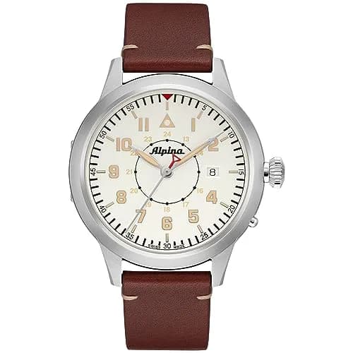 Alpina Startimer Swiss Automatic 44mm Stainless Steel Watch with Brown Leather Strap | Heritage Aviation Style thumbnail 1